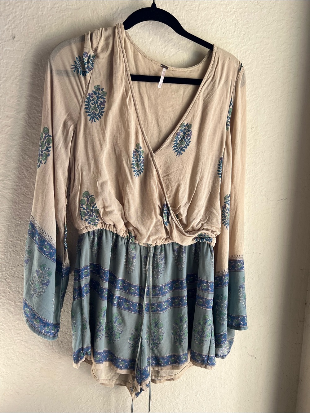 Free People Cream and Sage Floral Wrap Tunic Romper with Blue Accents